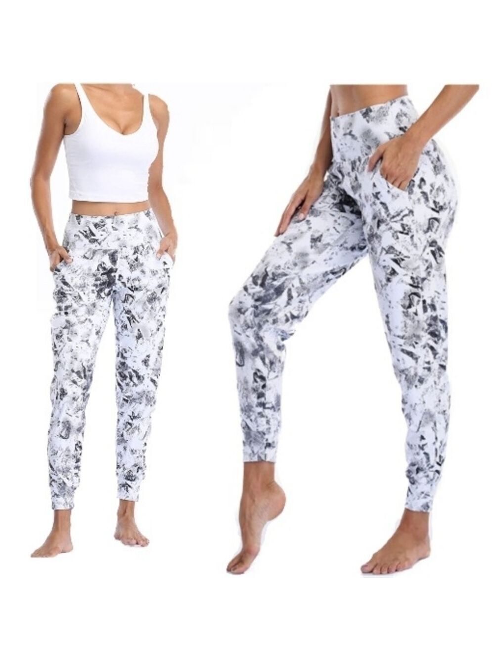 High Waist Relaxed Fit Joggers Blue White Abstract Women's Size Small